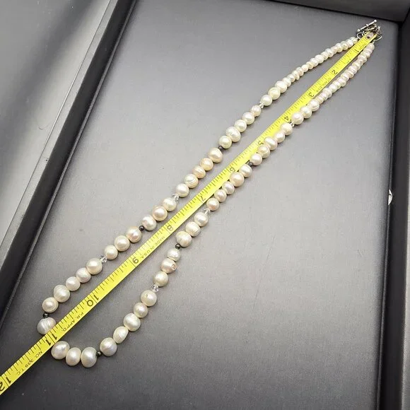 VTG White Graduated Baroque Pearl Necklace 22" Sterling Toggle Crystal Accents - Picture 8 of 13